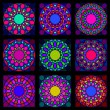 バラ窓ぬり絵ワークショップ／ヨーロッパの大聖堂等で見られる美しい円形のステンドグラス「バラ窓」。あらかじめバラ窓をイメージした枠線の描かれた透明フィルムに、好きな色の油性マーカーでぬり絵をしていきます。完成後は会場内の窓に並べて貼り鑑賞します。【2008／200x200mm／Film, Color Marker Pen】