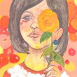 齋藤歌織：「花と女の子」 - 花といっしょにいる女の子の気恥ずかしい思いを描きました。略歴：2008年女子美術大学入学、2009年デザフェスギャラリー「ふたりぼっち展」、2011年11月Gallery 銀座フォレスト「浮遊する私展」、2012年女子美術大学卒業、2013年on the wind 「薔薇展」、2014年on the wind 「薔薇展」【210 × 297mm／アクリル、水彩】